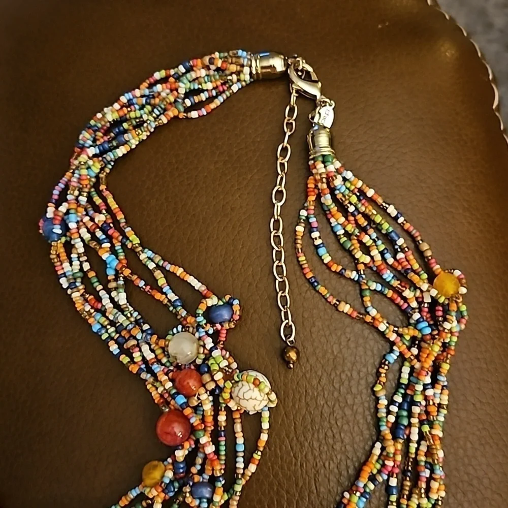 CHICO'S Hagen 9 Festive Rainbow Beaded Tassel Multi-strand Boho Fiesta Necklace